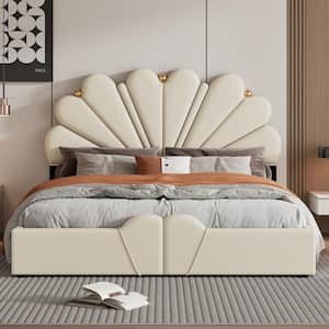 Beige Wood Frame Queen Upholstered Petal Shaped Platform Bed with Hydraulic Storage System and Metal ball Decorations