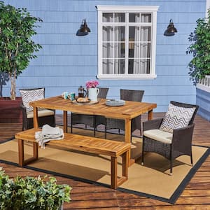 Moralis Brown 6-Piece Wood and Faux Rattan Outdoor Dining Set with Beige Cushions