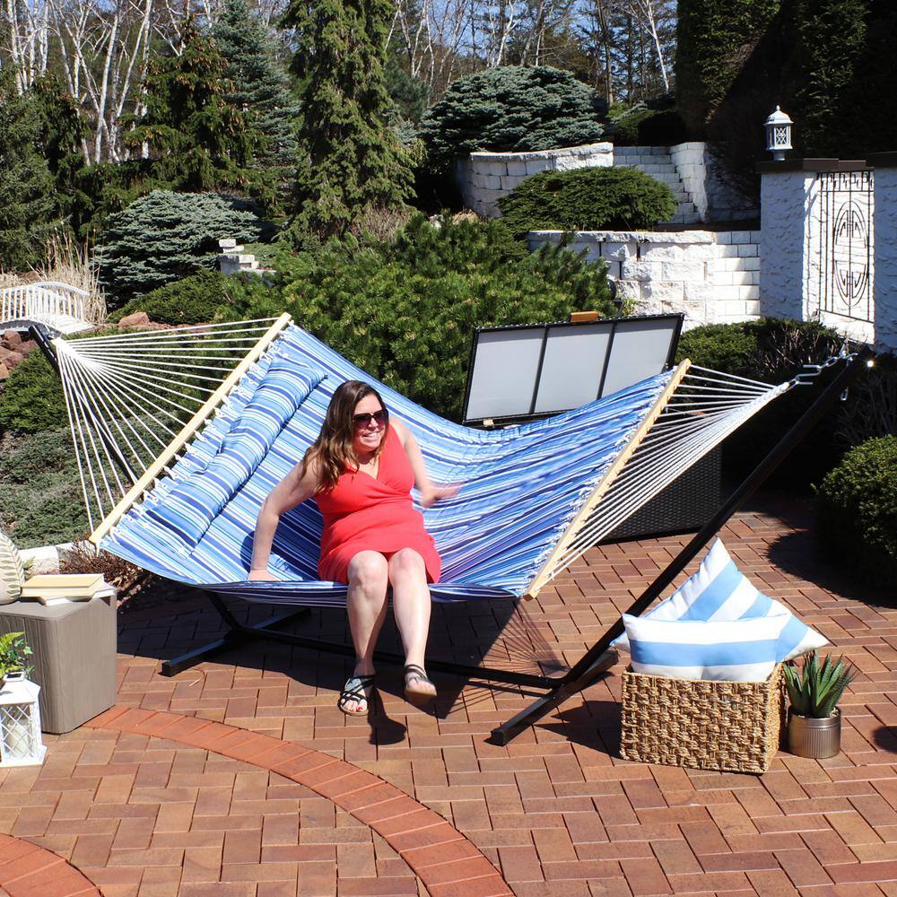 Catalina Beach Blue Quilted Polyester Hammock with 12ft Black Steel Stand