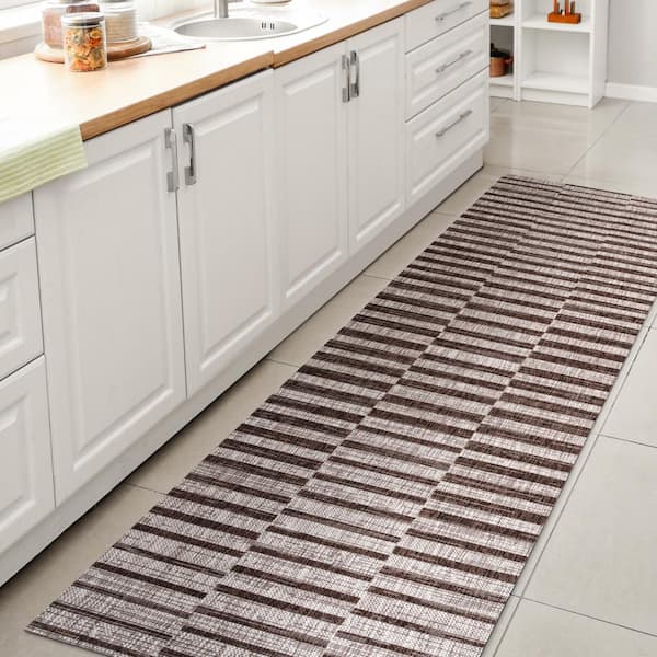 Sukie Modern Offset Stripe Beige/Brown 2 ft. x 10 ft. Indoor/Outdoor Runner Rug