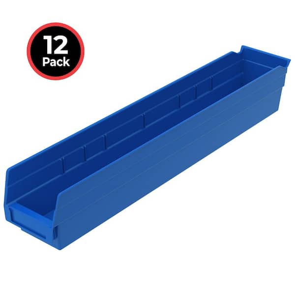 30124 Plastic Storage Shelf Bins, 23 1/2 in. D x 4 in. W x 4 in. H, Blue, 12-pack