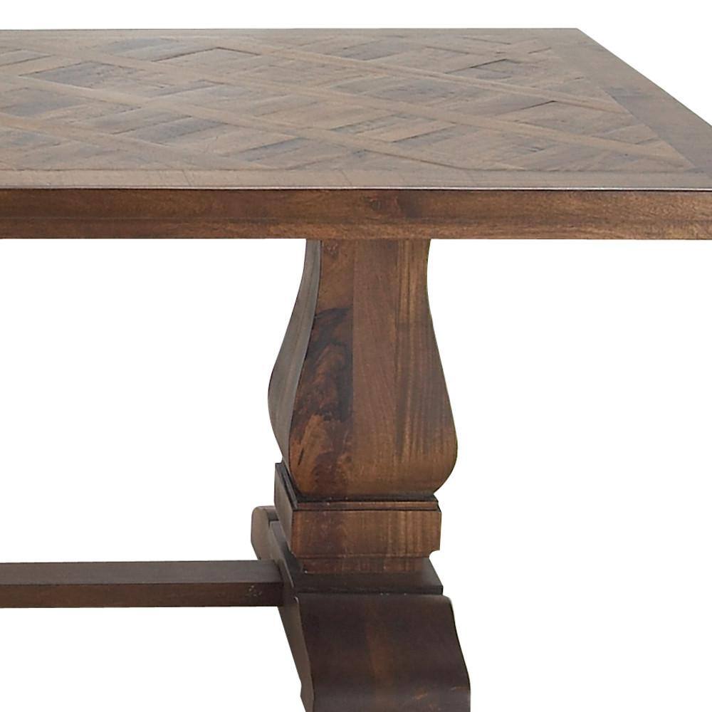 Parquet Inlay Reclaimed Pine Wood 84" Dining Table with Marble Accents