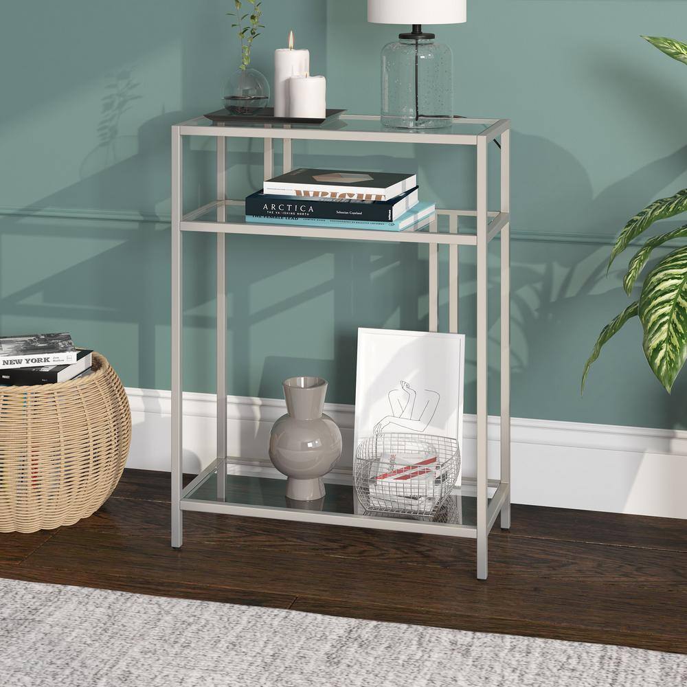 Cortland Compact Satin Nickel Console Table with Tempered Glass Shelves