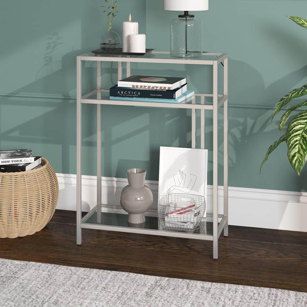 Cortland Compact Satin Nickel Console Table with Tempered Glass Shelves