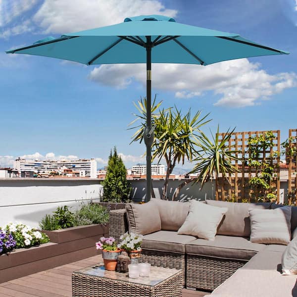 Unbranded 7.5 ft. Aluminum Market Patio Umbrella with Push Button Tilt & Crank in Lake Blue