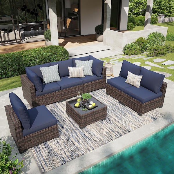 MIRAFIT 7-Piece Wicker Patio Conversation Set with CushionGuard Navy Blue Cushions