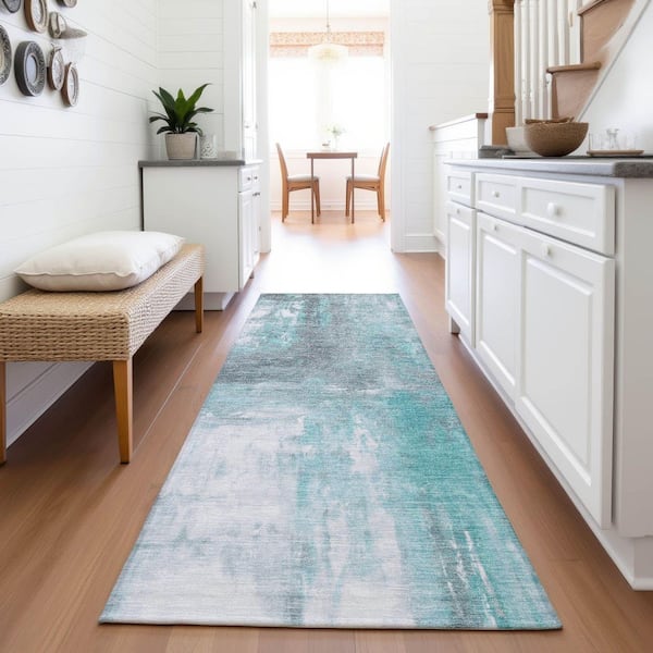 Mayfield Premium Machine Washable Abstract AMF1350 Teal 2 ft. 3 in. x 7 ft. 6 in. Runner Rug