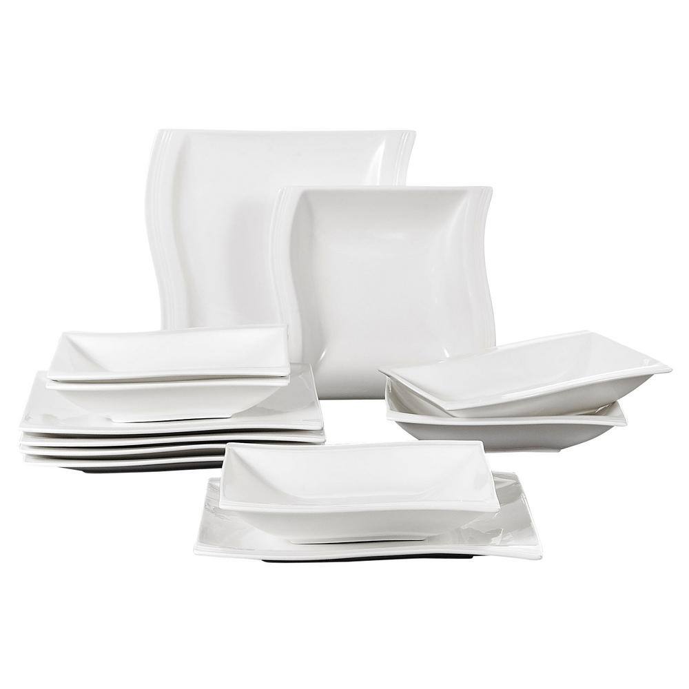 MALACASA 12Piece White Porcelain Square Dinner Plates Soup Plates
