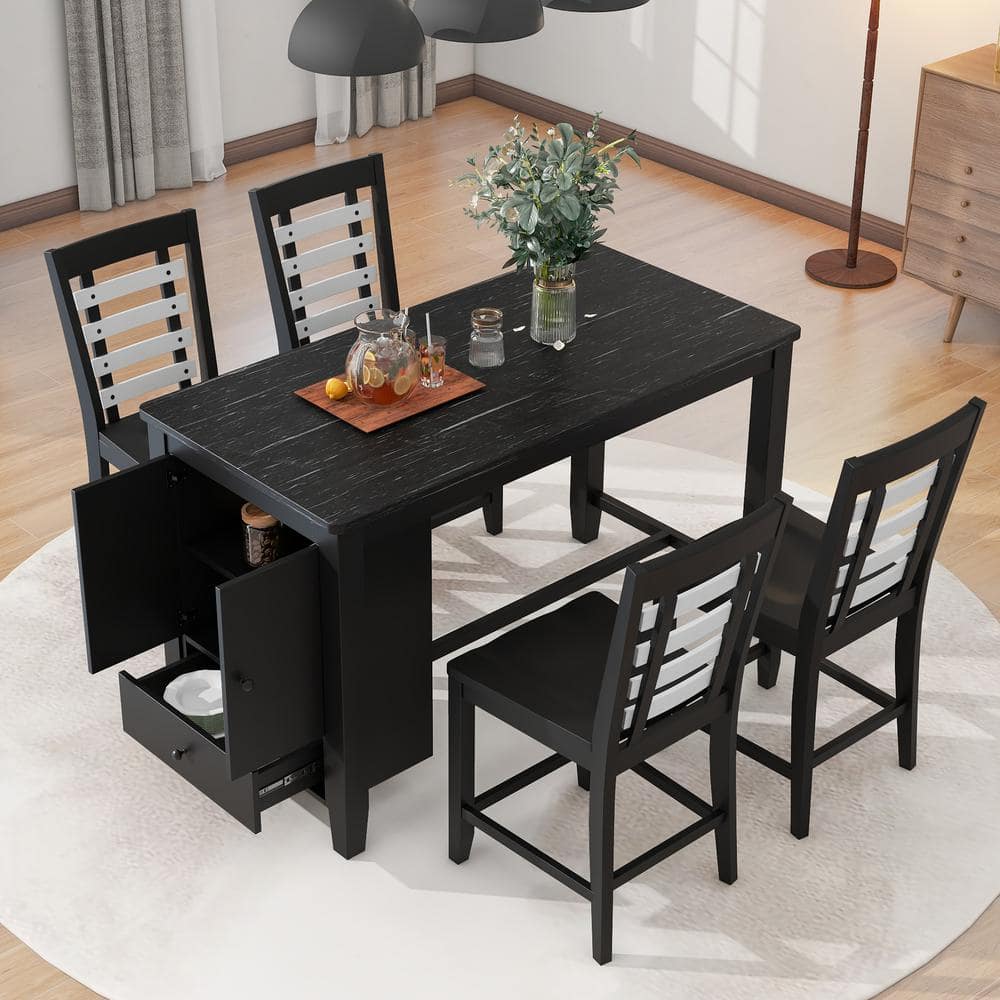 Counter Height 5-piece Black and White Faux Marble Tabletop Dining Set with 4-Chairs, Storage Cabinet and Drawer -  Harper & Bright Designs, DT159AAB