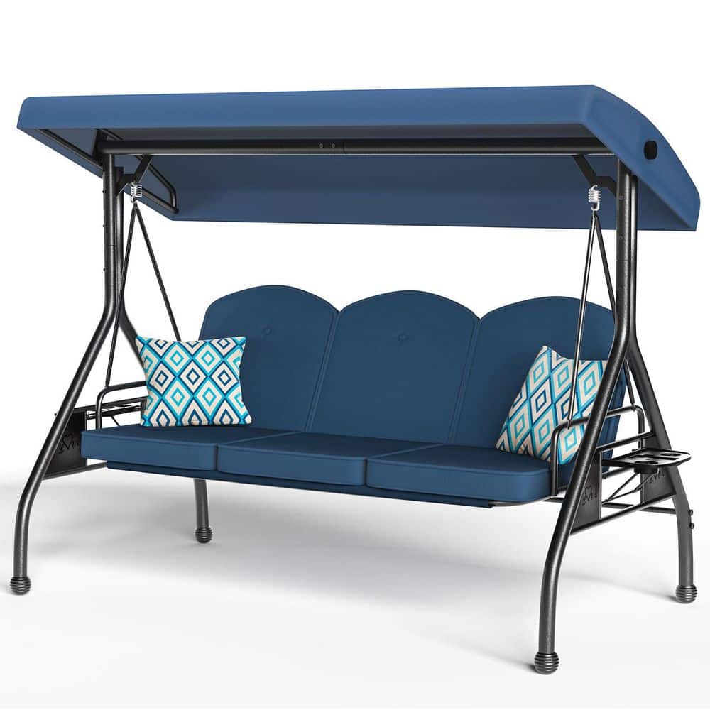 3-Person Black Round Tube Metal Patio Swing 2-in-1 Convertible Swing Bed with Canopy and Blue Removable Cushions price history on PriceWatchPro
