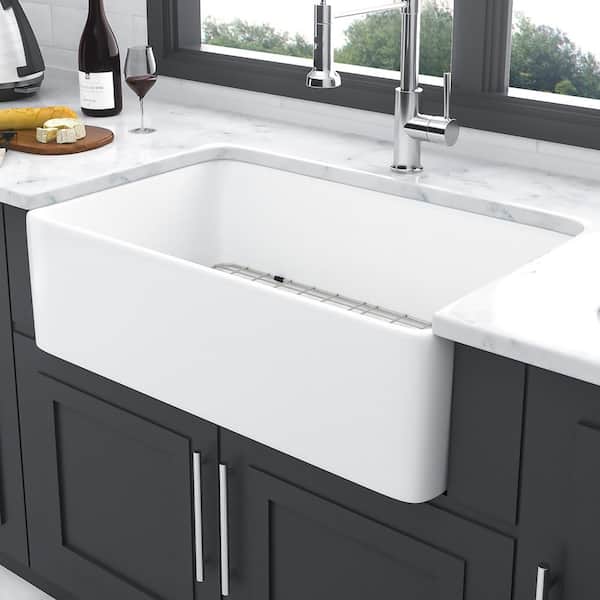 33 in. Farmhouse Single Bowl White Ceramic Kitchen Sink with Bottom Grids