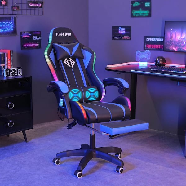 Hoffree Faux Leather Massage Reclining Ergonomic Gaming Chair in Blue/Black with LED Lights Adjustable Arms