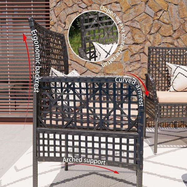 cenadinz Black 4-Piece Wicker Patio Conversation Set with Beige Cushion with Tempered Glass Table