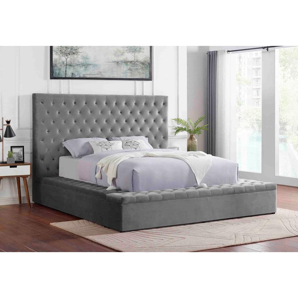 Cierra Velvet Upholstered Queen Platform Bed with Storage in Gray
