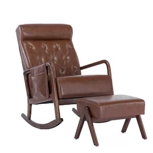 Modern Upholstered Brown PU Leather Rocking Chair With Wooden Base and Ottoman