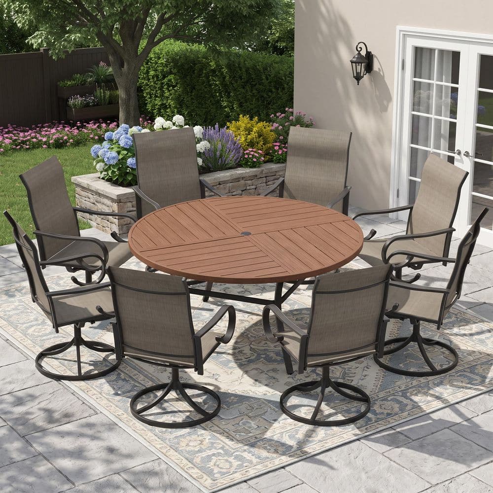 9-Piece Metal Outdoor Dining Set with 59.8 in. Walnut Round Table and 8 Textilene Swivel Dining Chairs with Brown Fabric price history on PriceWatchPro