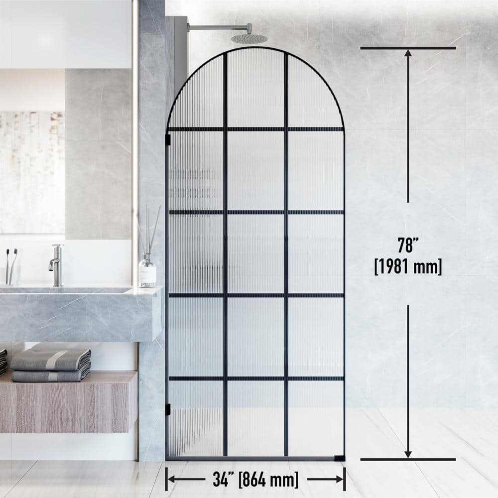 Arden Matte Black 34" x 78" Framed Shower Screen with Fluted Glass