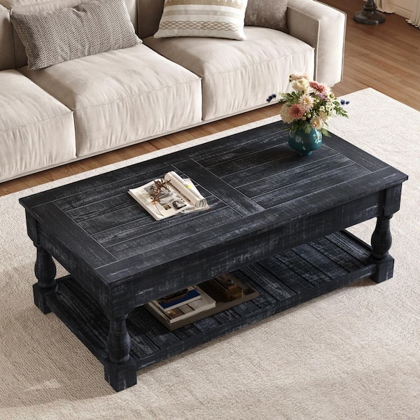 Provan 47.24 in. Antique Black Rectangle Shape Wood Retro Lift-Top Coffee Table with Hidden Compartment