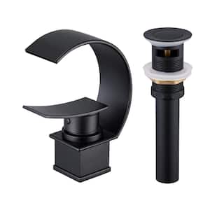 Luxury C Waterfall Single Lever Handle Arc Spout Single-Hole Bathroom Sink Faucet with Pop-up Drain in Matte Black