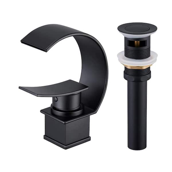 Mondawe Luxury C Waterfall Single Lever Handle Arc Spout Single-Hole Bathroom Sink Faucet with Pop-up Drain in Matte Black