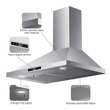 VIKIO 36 in. 500 CFM Convertible Wall Mount Range Hood in Stainless Steel with LED Lighting, Dishable filter and Touch Control RHWM01-36