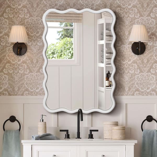 Wave White Solid Wood Framed Mirror 28 in. W x 40 in. H Modern Bathroom Bedroom Living Room Wall