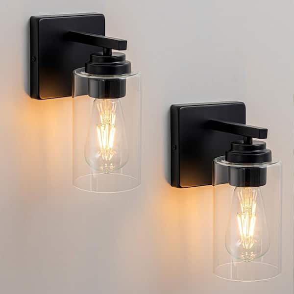 1-Light Black Wall Sconce with Clear Glass Shade (2-Pack)