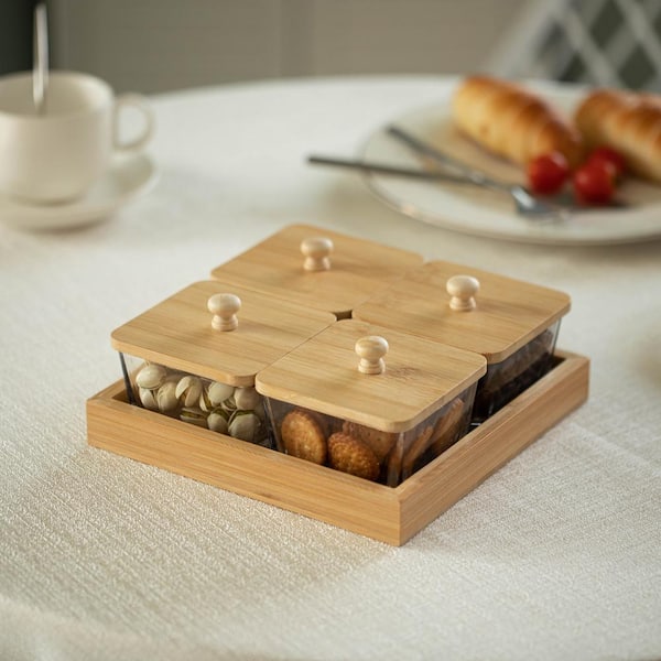 Basicwise Set of 4 Square Glass Jars with Bamboo Lids and Wooden