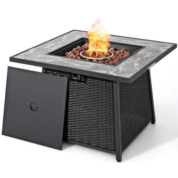Clihome 35 in. Black Square Outdoor Propane Gas Fire Pit Table Wicker Rattan with Lava Rocks PVC Cover