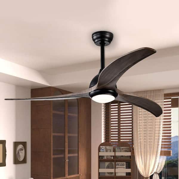 52 in. Integrated LED Indoor Matte Black Ceiling Fan with Light and Remote 6-Speed DC Motor with 3 Wooden Blades