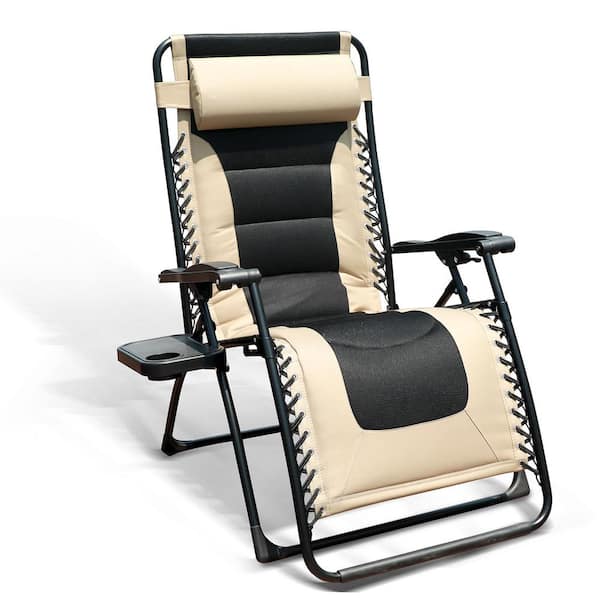 Tidoin Beige and Black Folding Metal Outdoor Lounge Chair