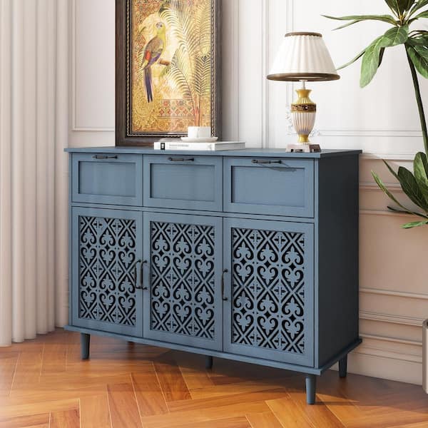 Zorlen Blue 35.55 in. H Modern 3-Drawer 3-Door Storage Cabinet with Metal Handles, Hollow Carved Design