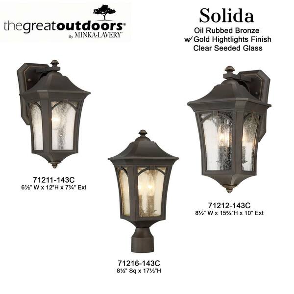 the great outdoors by Minka Lavery - Solida 3-Light Oil Rubbed Bronze with Gold Highlights Outdoor Wall Lantern Sconce with Clear Seeded Glass