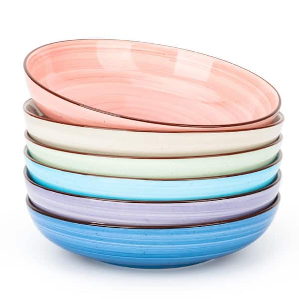 Set of 6 Large Ceramic Pasta and Salad Bowls 8 Inch Wide 26 Ounce Porcelain Soup Bowls with Assorted