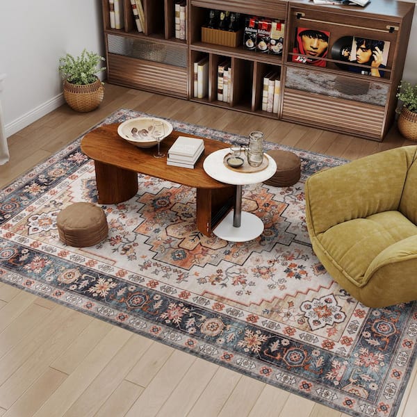 Area Rug 8x10 Washable rug, Distressed Floral Print Mat for Living Room, Bedroom, Dining Room, Tawny Brown