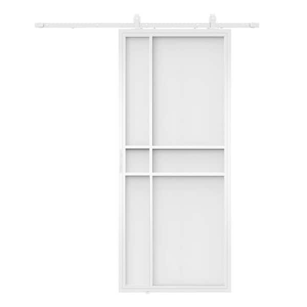 1-Piece 36 in. x 84 in. Sliding Barn Door with Hardware Kit, 1-Panel Frosted Glass, White Steel, No Assembly Required