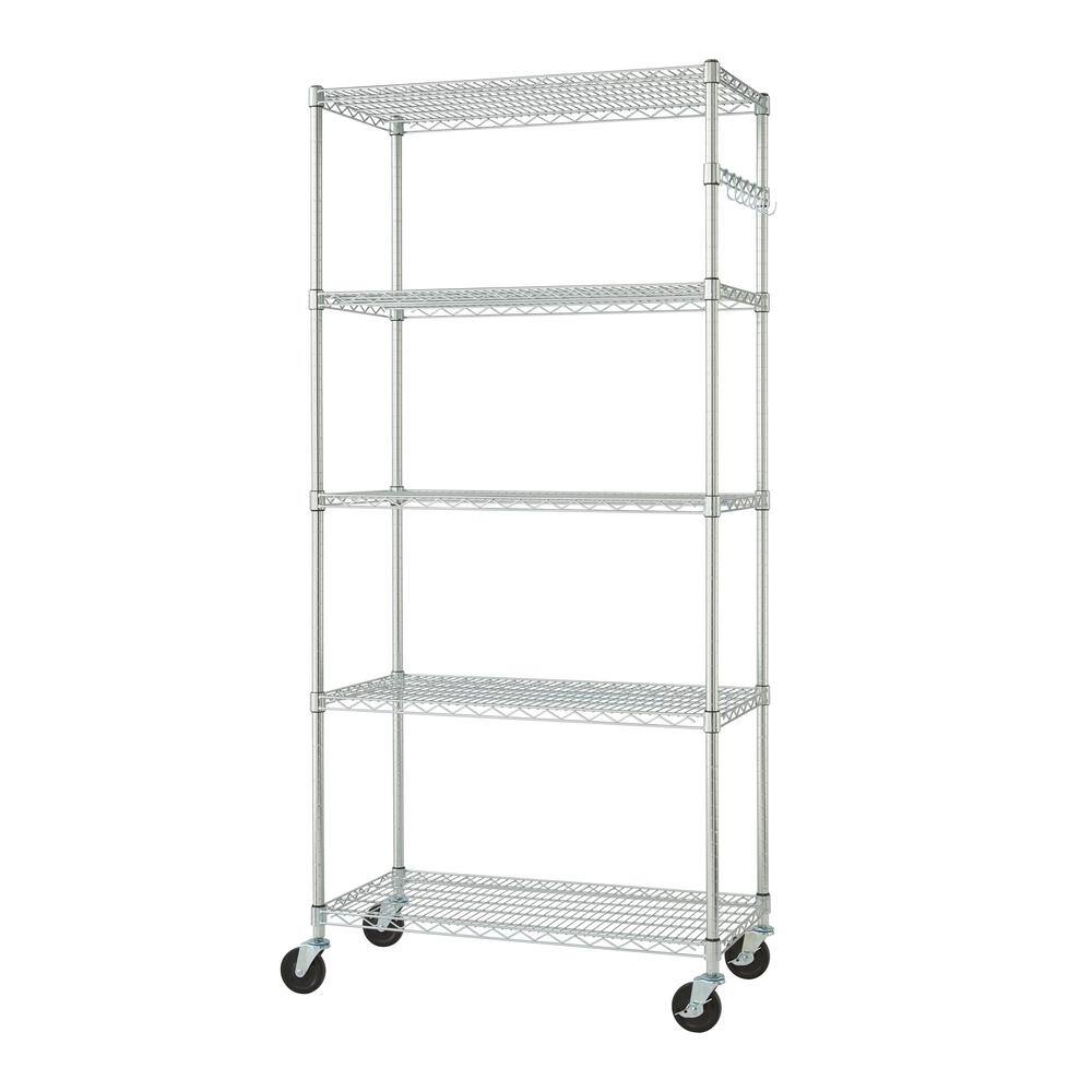 Adjustable Black 5-Tier Chrome Wire Shelving Unit with Hooks