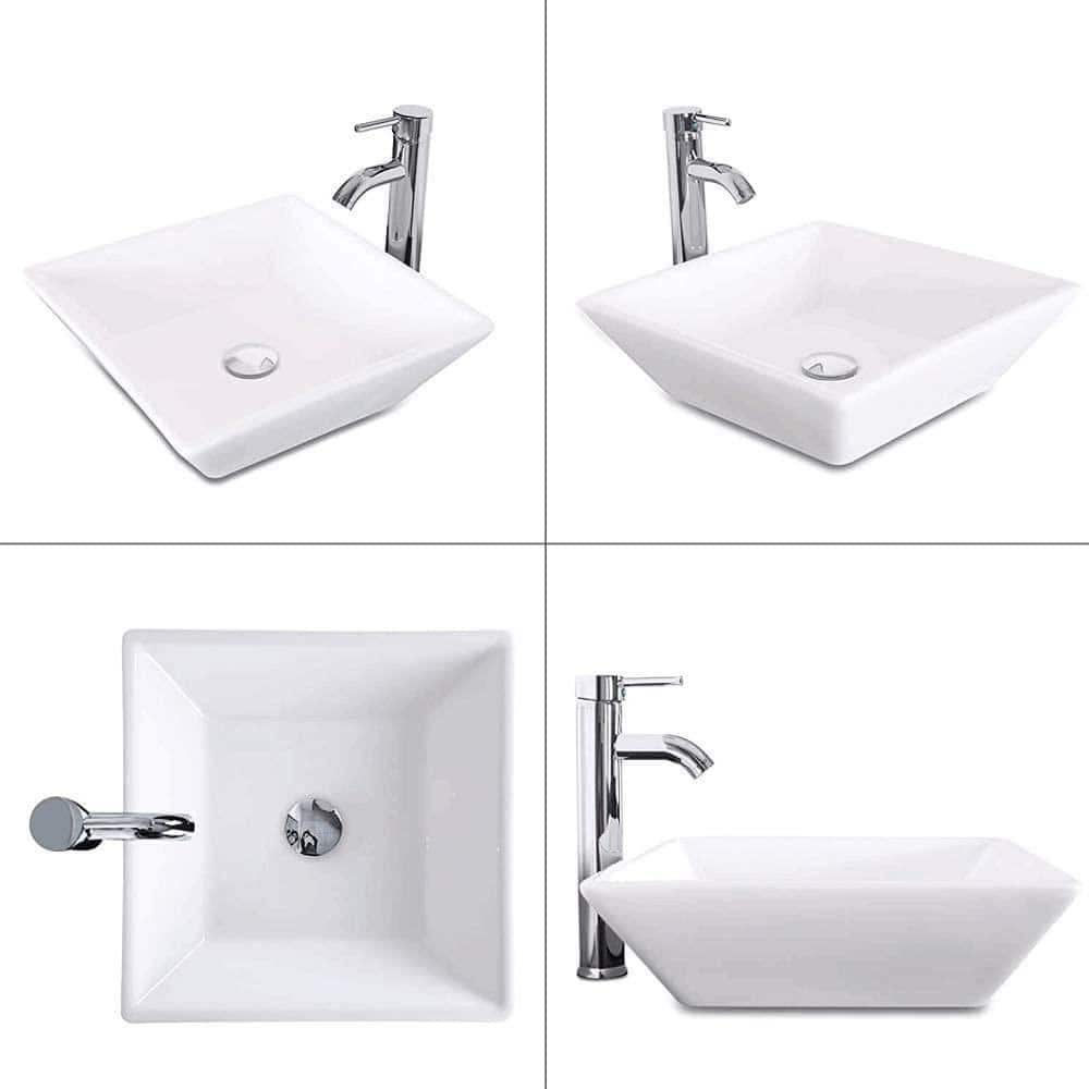 16.5" White Ceramic Square Bathroom Vessel Sink with Faucet