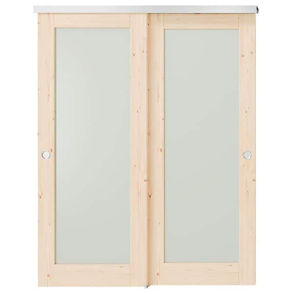 TENONER 64 in. x 80 in. Light Brown, Solid Core,MDF Painted Double Full Lite Frosted Glass Panel Bypass Sliding Door w/ Hardware