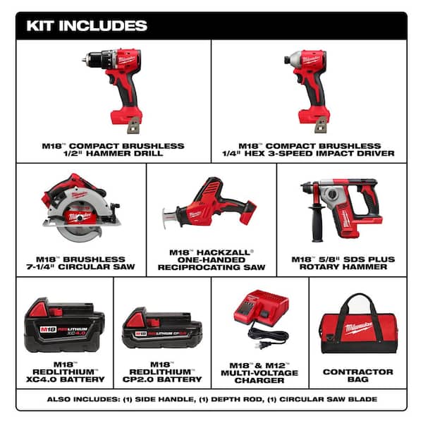 M18 18-Volt Lithium-Ion Brushless Cordless Combo Kit (4-Tool) with 2-Batteries, 1-Charger and Tool Bag with Flood Light