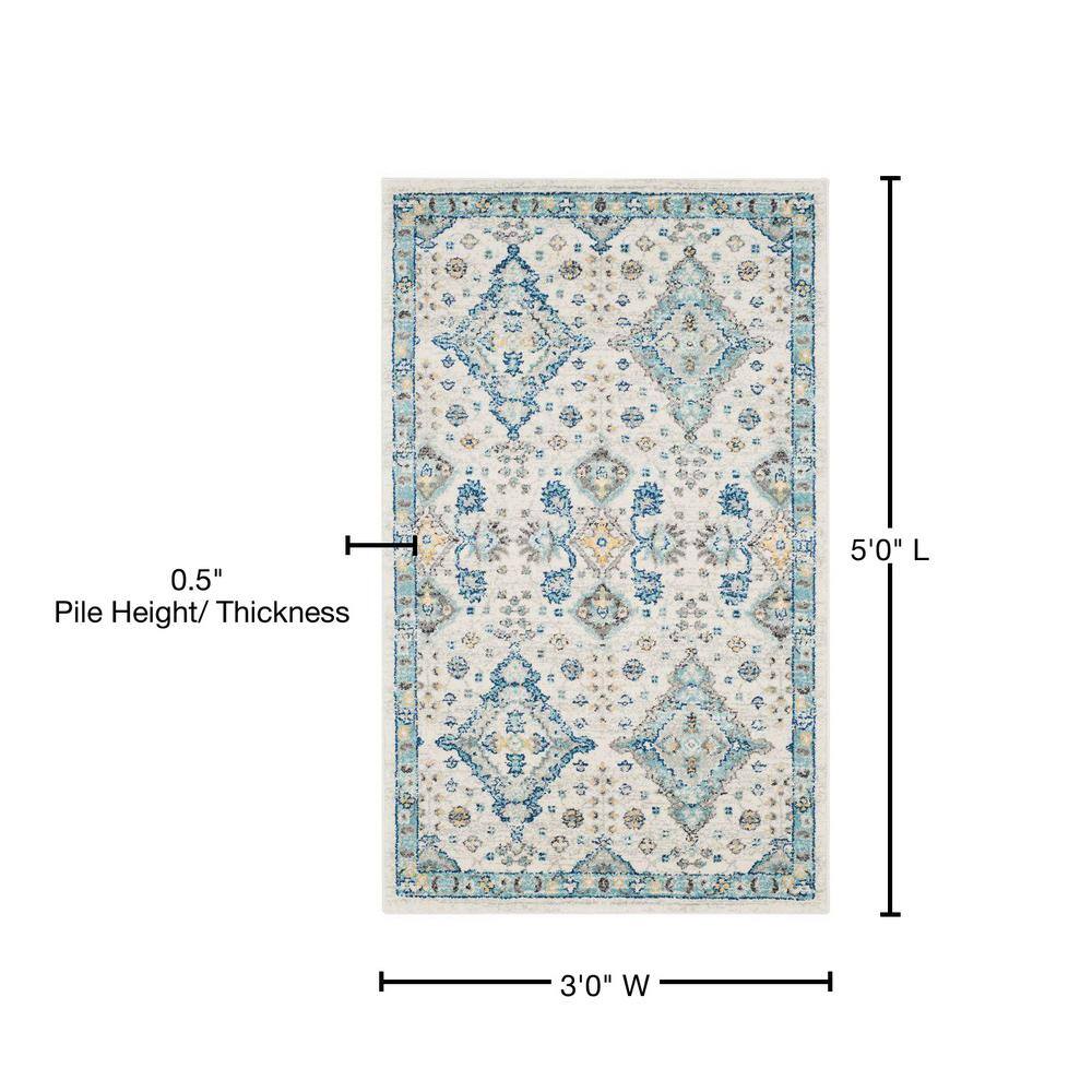Ivory and Light Blue Floral High Pile Synthetic Rug