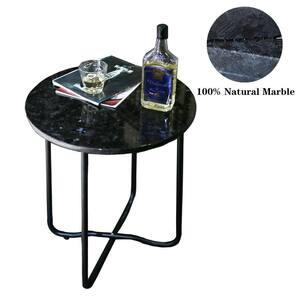 20 in. Black Steel Frame and Star Cloud Pattern Marble Round Outdoor Side Table for Garden, Porch and Backyard