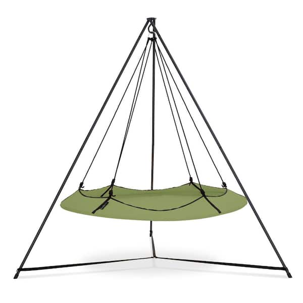 HANGOUT POD 6 ft. Portable Circular Family Hammock Bed with Stand in Sage Green and Black