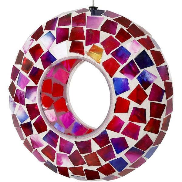Sunnydaze 7 in. Crimson Mosaic Round Unique Hanging Outdoor Decorative Glass Fly-Through Bird Feeder