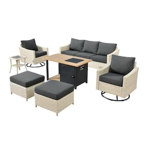 Oconee 7-Piece Wicker Patio Conversation Sofa Set with Swivel Rocking Chairs, a Storage Fire Pit and Black Cushions