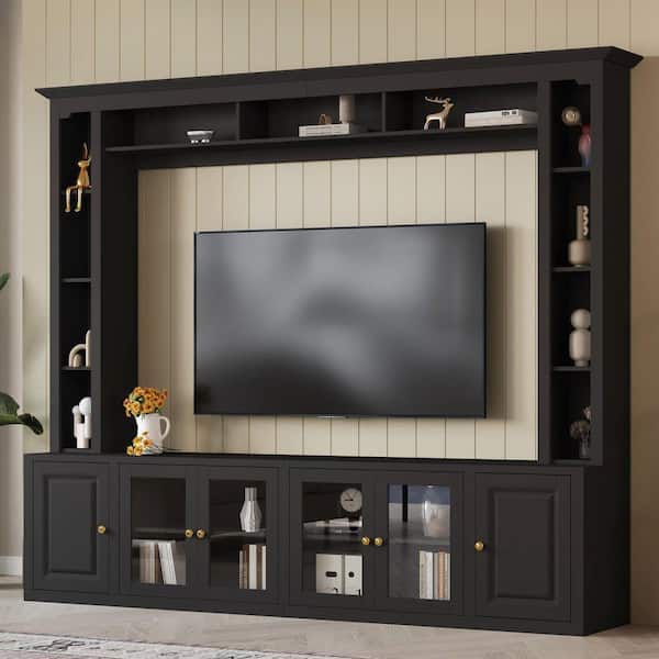 Black TV Stand Fits TVs Up to 80 in. with Adjustable Shelves, Bookshelves and Tempered Glass Door