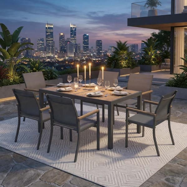 7-Piece Grey Aluminum Patio Dining Set, 6-Seat All-Weather Heavy Duty HDPS Rectangle Table and Textilene Patio Chairs