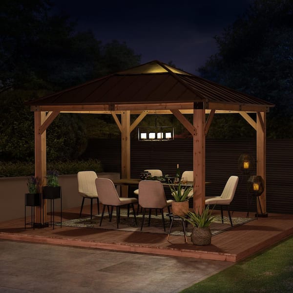 Sunjoy Cedar Framed Gazebo with Brown Steel and Polycarbonate Hip Roof Hardtop - 11 x 11 ft.