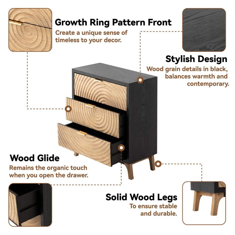 Black and Natural Wood 3-Drawer Nightstand with Ring Motif