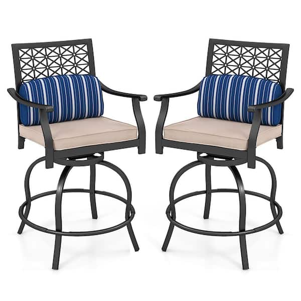 2-Piece Metal Patio Swivel Chairs Outdoor Bar Stools Height Chair Set with Cushions and Lumbar Pillows